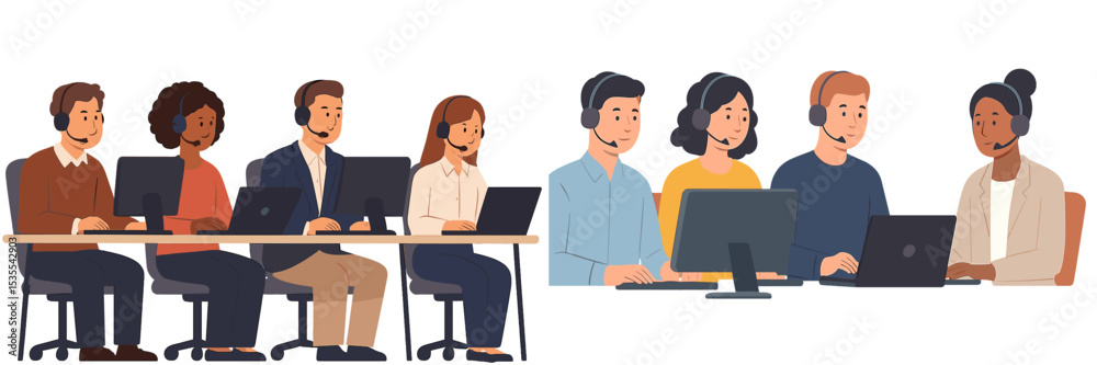 Poster call center team engaged in customer support activities during business hours