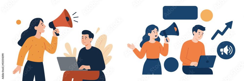 Poster engaging communication between a woman and a man in a modern workspace showcasing teamwork and creat