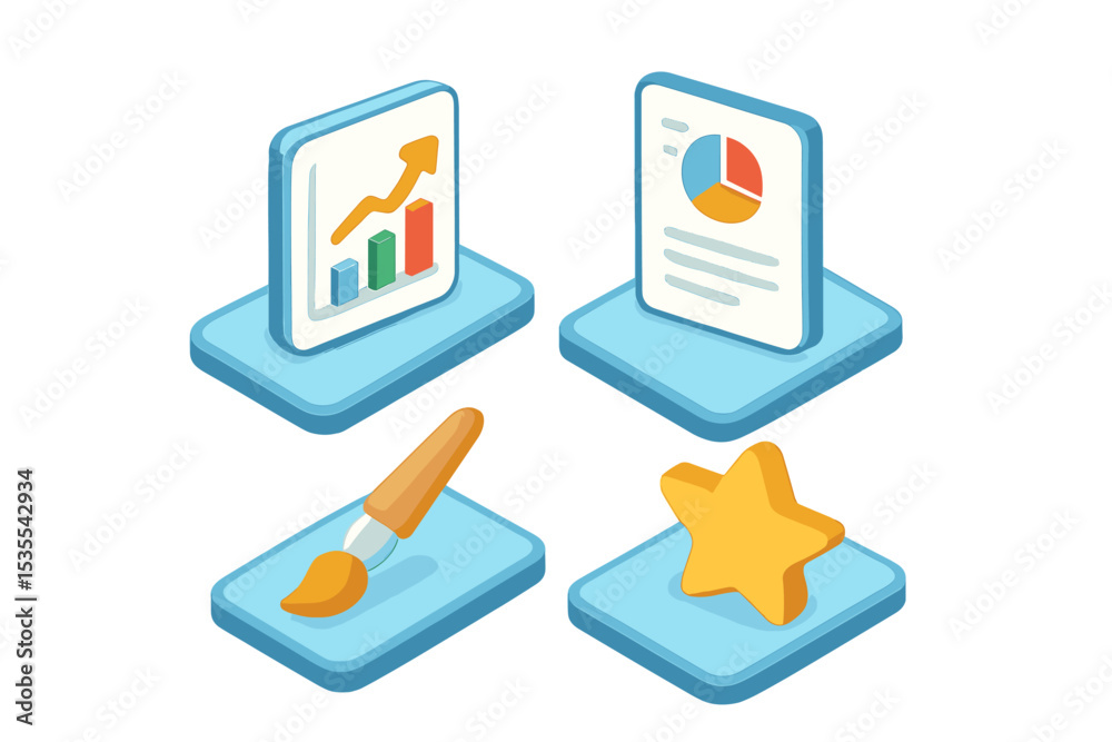 Aufkleber Visual representations of data analysis tools include graphs, reports, and creative elements in a modern digital format