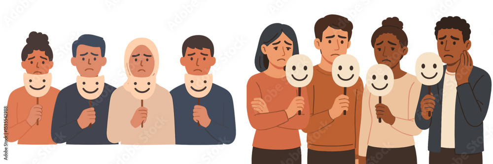 Poster emotions and masks: a group of diverse individuals express feelings through symbolic representations