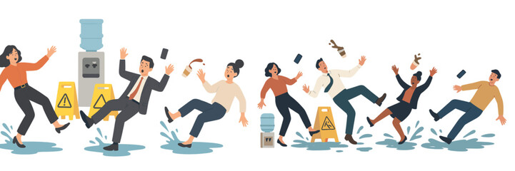 Office workers slipping on wet floor by water cooler during a chaotic moment
