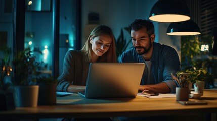 Young couple working together on a laptop at home in the evening light