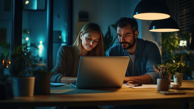 Young couple working together on a laptop at home in the evening light