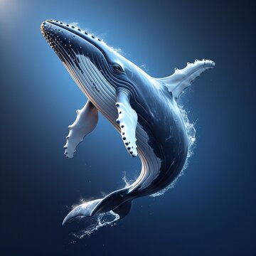 The 3D illustration depicts a majestic ballena whale emerging from blue ocean water, glowing warmly with sunlight, its gray and white skin, and its spread fins and tail.