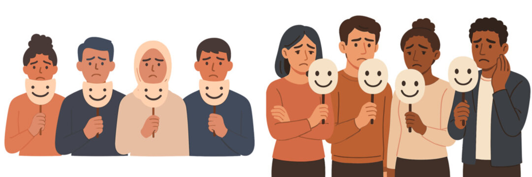 Emotions and masks: a group of diverse individuals express feelings through symbolic representations in a creative depiction