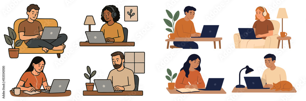 Poster remote workers engaged in various activities at home settings during daytime hours