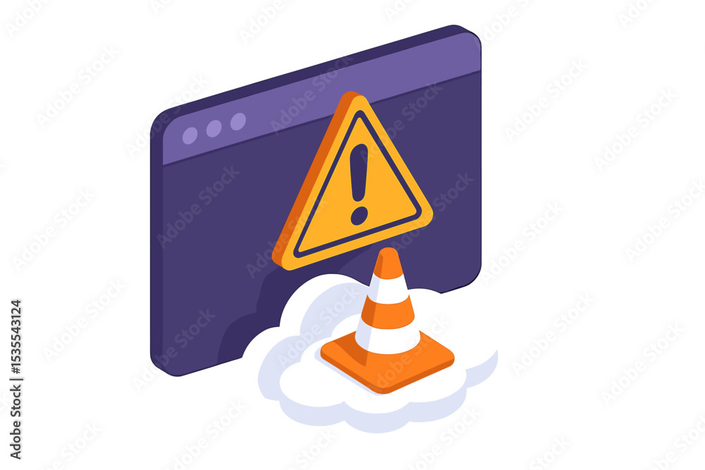 Aufkleber Warning sign for website traffic issue with alert icon and construction cone on cloud background