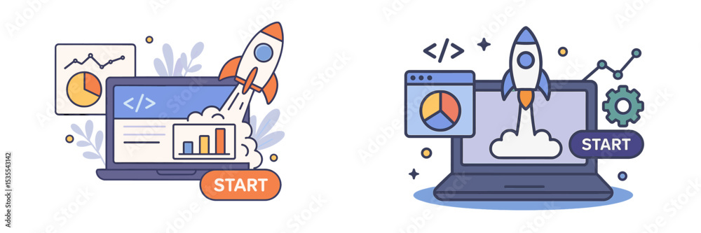 Aufkleber rocket launching from a laptop screen illustrating growth and progress in digital projects