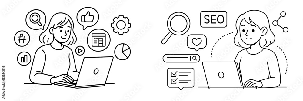 Poster Two women engaged in digital marketing tasks, analyzing data and optimizing strategies while using laptops
