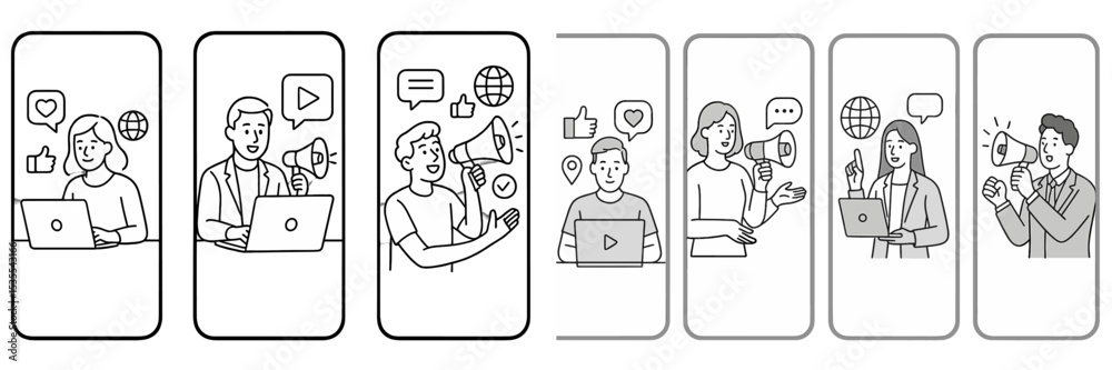 Poster Multiple individuals engage in digital communication and content creation using computers and smartphones in various settings