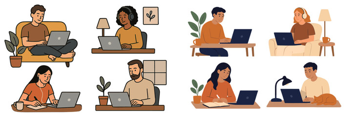 Fototapeta premium Remote workers engaged in various activities at home settings during daytime hours