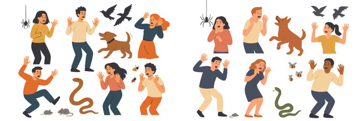 Obraz premium Illustration depicting people's reactions to common fears in a fun educational setting