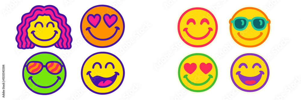 Poster colorful emoji faces expressing various emotions and styles in a vibrant design featuring smiles and
