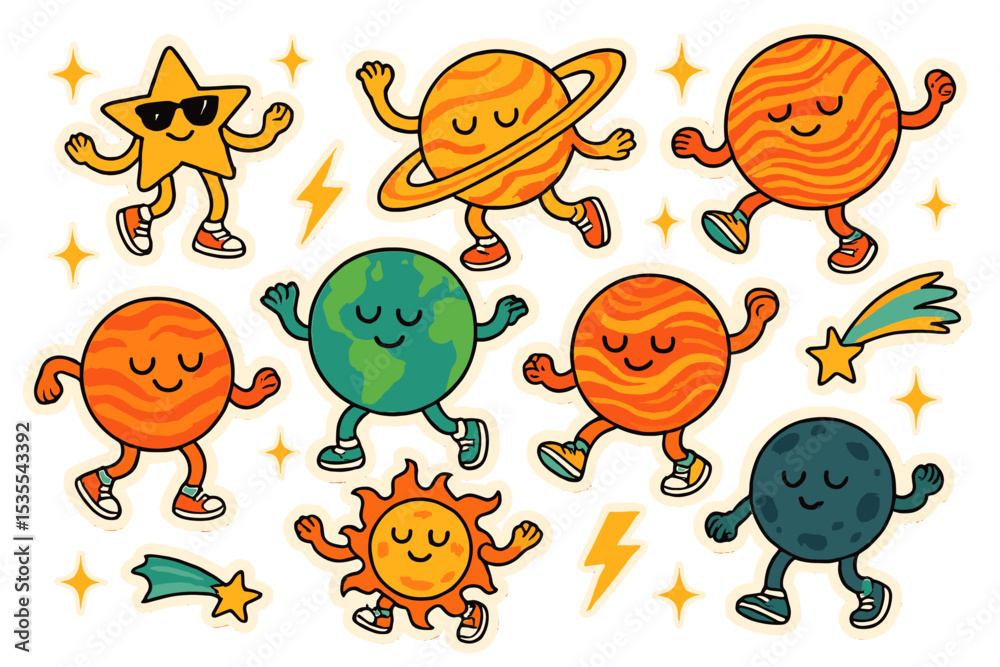 Aufkleber colorful cartoon planets and stars dancing joyfully in outer space with playful expressions and fun 