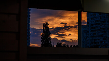 Sunset in Kharkiv. Cityscape. Orange Sky. View from Window. Tree Silhouette. Evening Clouds. Ukrainian City. Kharkiv Buildings. Atmospheric Sky.