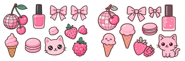 Cute pink stickers featuring sweets, bows, and playful animals suitable for creative projects and decorations