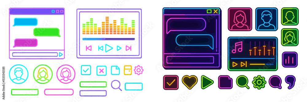 Poster colorful digital interface elements display chat, media controls, and user profiles during a vibrant