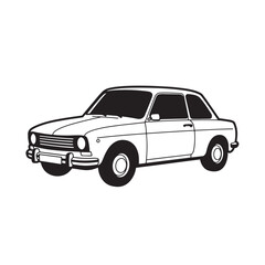 Classic vintage compact automobile two door coupe featuring a sleek silhouette of an iconic retro vehicle illustrated with bold black and white outlines.