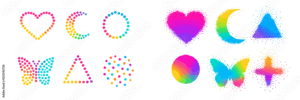 Poster colorful dot patterns depicting various shapes and symbols against a white background