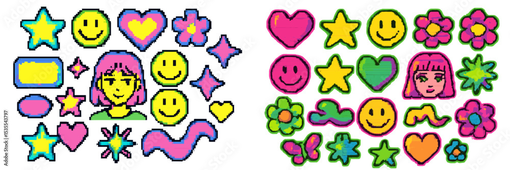 Poster Bright and colorful sticker designs featuring various shapes and cheerful characters on a plain background