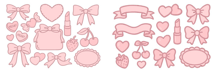 Cute pastel pink decorative elements featuring bows, hearts, and lipsticks ideal for crafting or design projects