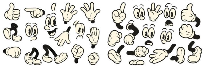 Hand gestures and expressions illustrate a variety of emotions and actions in a playful and cartoonish style