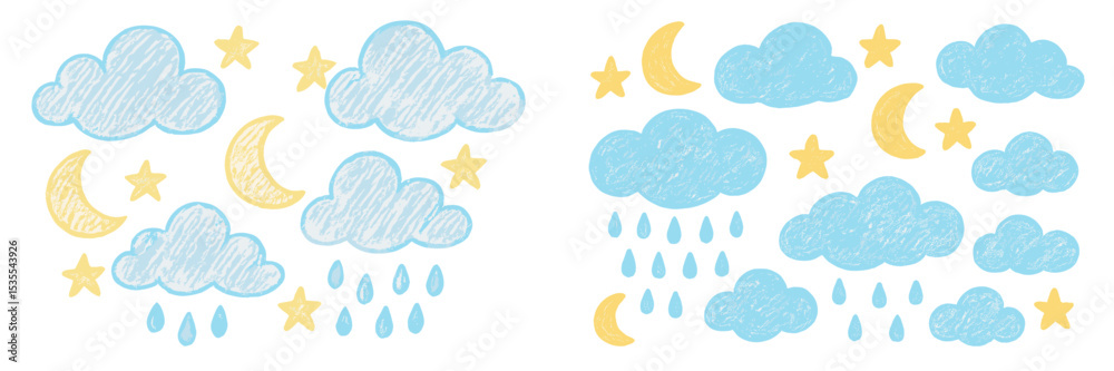Poster colorful clouds and whimsical stars illustrate different weather patterns in a playful, artistic sty