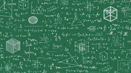 Chalk drawn scientific formulas and geometric shapes covering green chalkboard, forming seamless pattern for educational, scientific design backgrounds