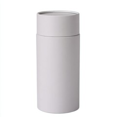 White cardboard tube packaging mockup standing vertically, displaying clean design potential against neutral background for branding concepts