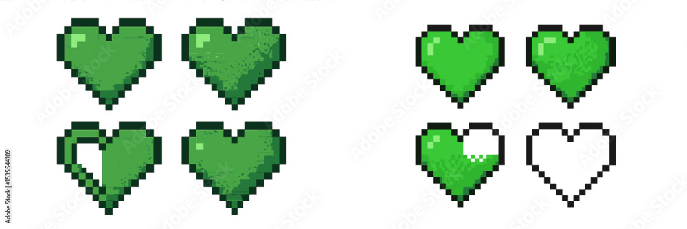 Poster representation of green hearts in pixel art style showing various shades and designs suitable for ga