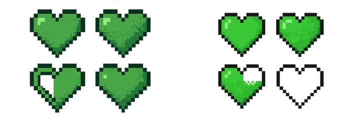 Fototapeta premium Representation of green hearts in pixel art style showing various shades and designs suitable for gaming or digital art contexts