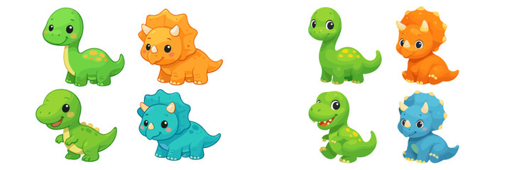 Colorful cartoon dinosaurs playfully arranged in a fun setting, showcasing various species and expressions, perfect for children's entertainment
