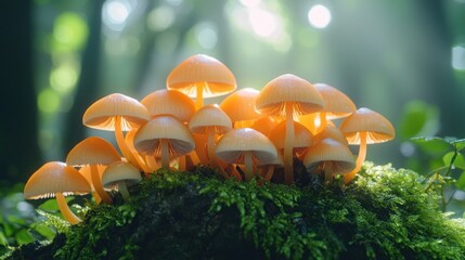 Fototapeta premium Cluster of small, orange-capped mushrooms on mossy ground, bathed in sunlight