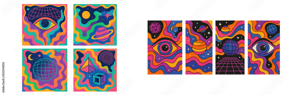 Poster colorful abstract artwork featuring cosmic elements and geometric shapes in vibrant patterns