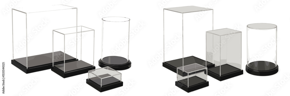 Aufkleber display cases of varying sizes arranged on a white surface for showcasing collectibles or art pieces
