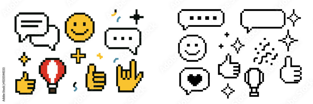 Poster colorful pixel art of emojis and icons representing emotions and expressions in a creative design