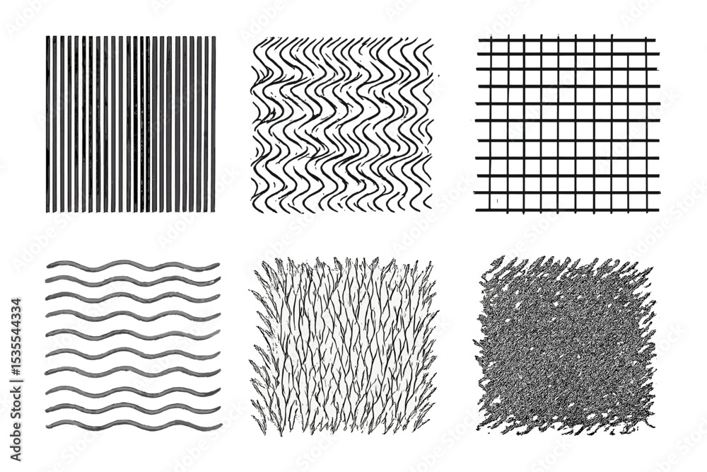 Poster various patterns showcasing geometric and organic designs in black and white on a flat surface
