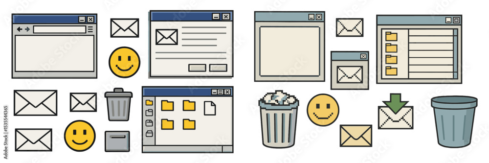Poster illustrations of computer screens, email icons, and digital files in a modern workspace setting