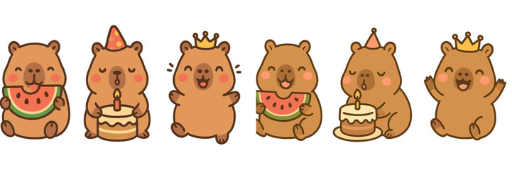 Cute cartoon bears celebrating a birthday with cake and watermelon