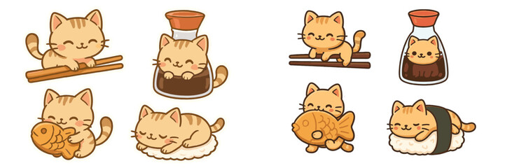 Fototapeta premium Cute cartoon cats enjoying sushi and soy sauce in a playful and colorful setting