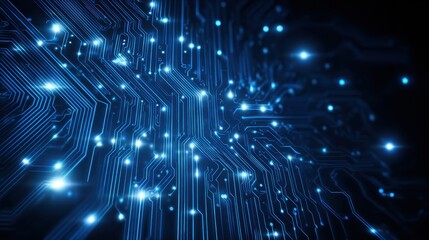 Electronic circuit board revealing interconnected components, transferring digital data through intricate pathways, representing technological advancement and innovation in computing
