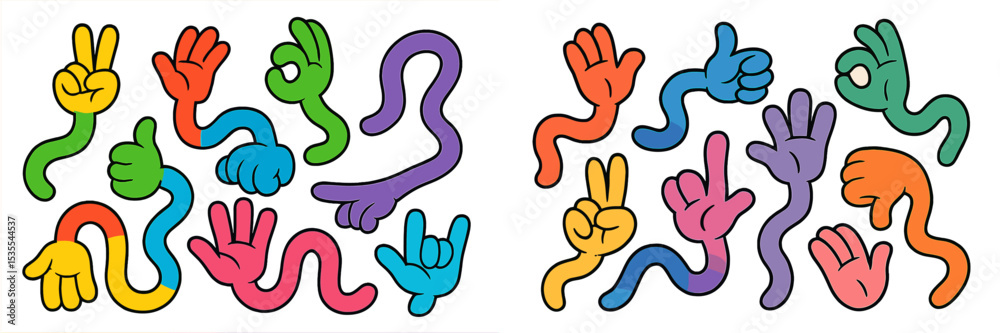 Poster Colorful hand signs and abstract shapes create a vibrant pattern for artistic expression and communication