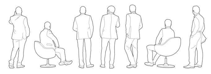 Men in cad lines architectural projects executives standing with suit back CAD illustration in editable vector lines