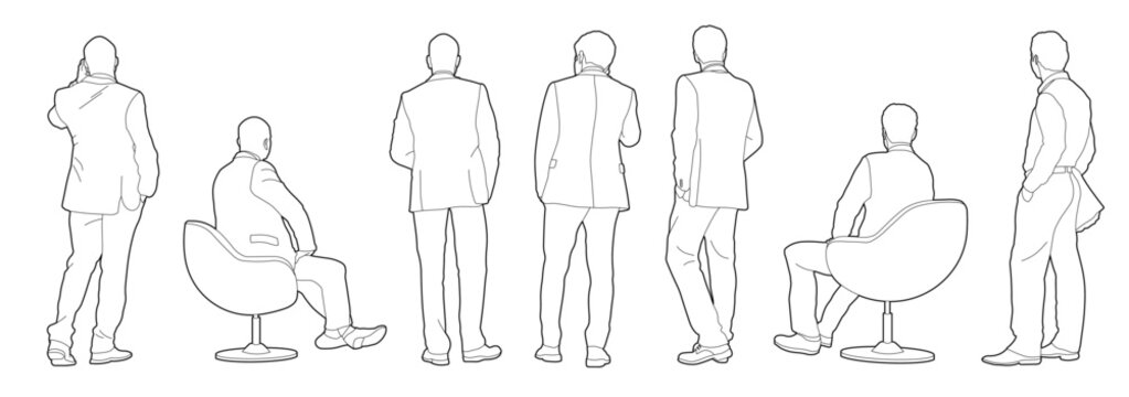 Men in cad lines architectural projects executives standing with suit back CAD illustration in editable vector lines