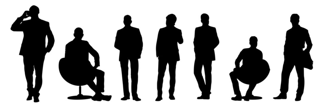 silhouettes of business men in formal wear back CAD illustration in editable lines in vector