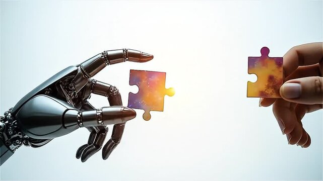 Connection between human and machine illustrated through puzzle pieces in futuristic setting