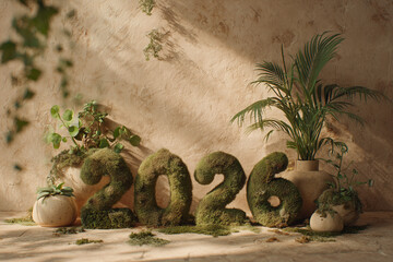 mossy and leaf-covered 3d of number "2026"