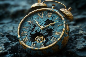 Close-up of vintage broken puzzle clock showing time passing, concept of fleeting time