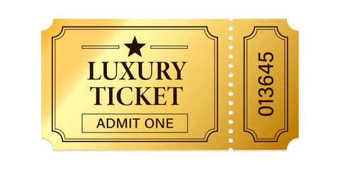 Vintage theatre tickets vector template. Vector golden tickets isolated on whithe backgound. Cinema, theater, concert, game, party, event, festival black and gold ticket.