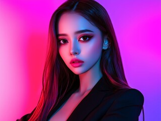 Portrait of Asian woman in black blazer under neon pink lighting, stylish and modern atmosphere.